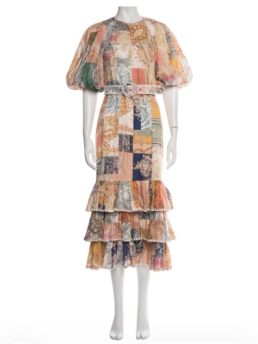 Patchwork Tiered Midi Dress with Puff Sleeves - Size 2 (Fits Size 6)